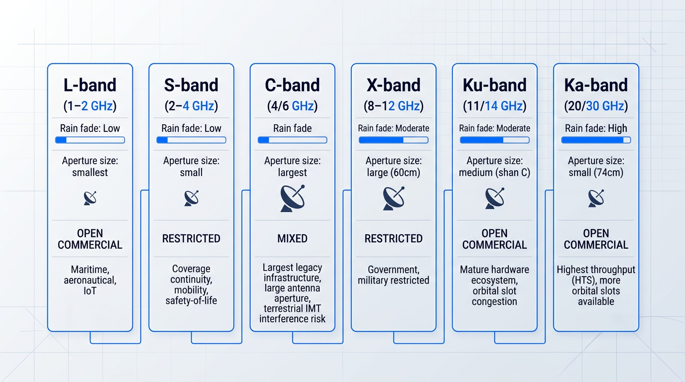 Spectrum chart displaying five satellite frequency bands (L, S, C, X, Ku, Ka) in ascending frequency order, each showing frequency range in GHz, rain attenuation level as horizontal bar, terminal aperture relative size, regulatory status, and primary use cases.