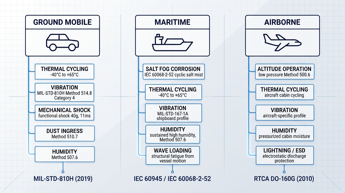 Three-column comparison infographic mapping ground mobile, maritime, and airborne SATCOM deployments to their environmental stress categories and applicable qualification standards: MIL-STD-810H, IEC 60945/IEC 60068-2-52, and RTCA DO-160G.
