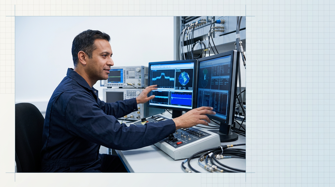 Satcoms engineer seated at ground station workstation with dual monitors displaying link budget calculations and RF telemetry data, hands actively engaged in technical work.