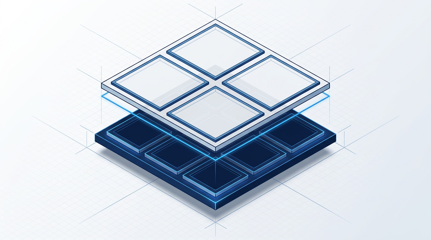 Isometric technical framework showing two-tier curriculum structure: six core foundation topics in solid navy base layer, four emerging topics in lighter semi-transparent upper layer, separated by electric blue dividing line.