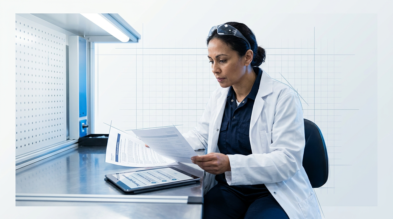 Satcoms professional in navy coveralls and lab coat seated at technical workstation, reviewing training programme shortlist with focused concentration under cool directional lighting.