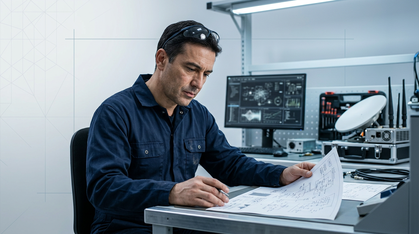 Satcoms engineer seated at workstation reviewing technical document, focused on skills assessment with monitor and workspace visible in background.