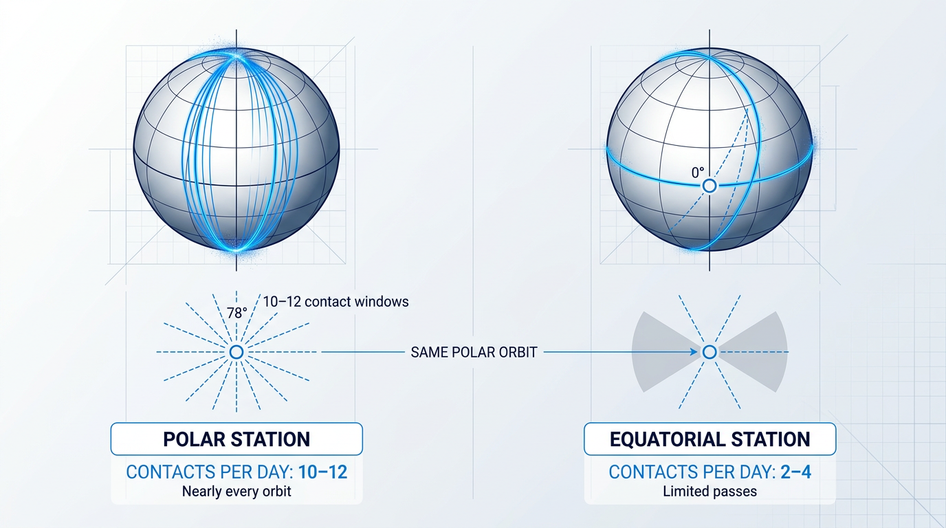 Two-column orbital geometry comparison: polar ground station at 78° North with 10-12 daily contacts shown as converging blue orbital traces; equatorial station at 0° latitude with only 2-4 contacts from the same polar orbit ground track.