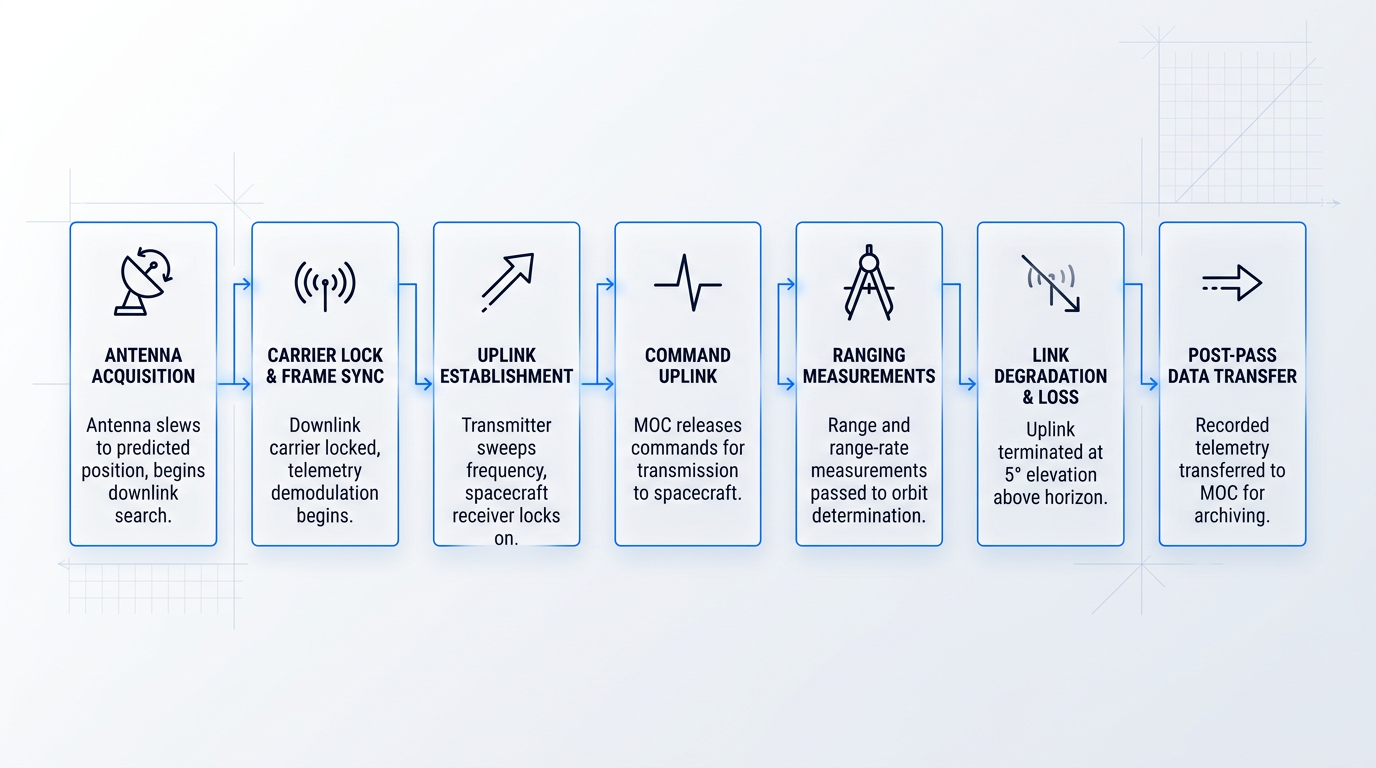 Seven-step sequential process flow showing satellite ground station contact window workflow: antenna acquisition, carrier lock and frame sync, uplink establishment, command uplink, ranging measurements, link degradation and loss, and post-pass data transfer, connected by directional arrows.