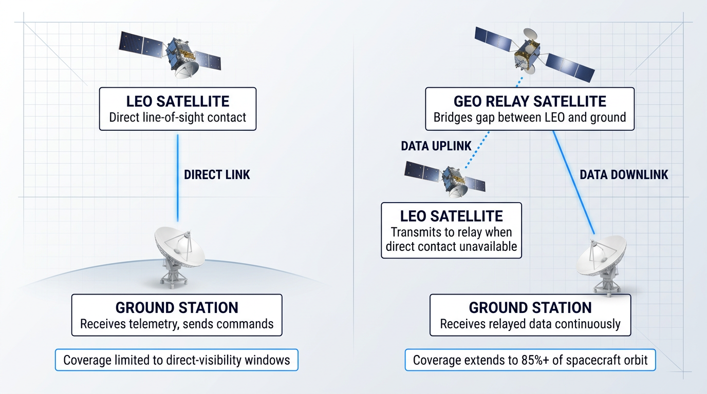 Side-by-side comparison of two satellite communication architectures: Direct-to-Earth shows a LEO satellite with direct line-of-sight link to a ground antenna; Space Relay shows a LEO satellite transmitting via dotted line to a geosynchronous relay satellite, which transmits via solid line to ground station.