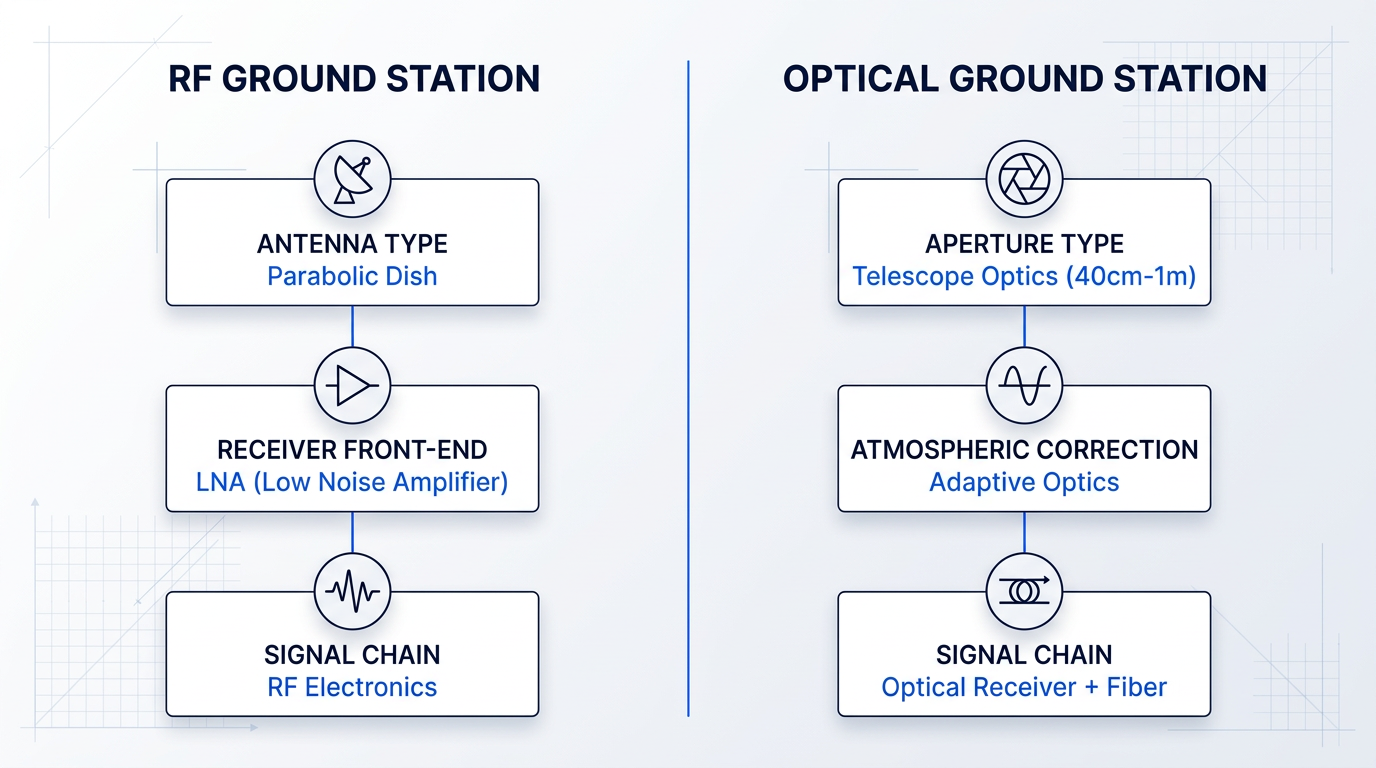 Side-by-side comparison of RF and optical ground station architectures: RF station features parabolic dish antenna, LNA receiver, and RF electronics; optical station features telescope aperture, adaptive optics, and fiber-coupled receiver.