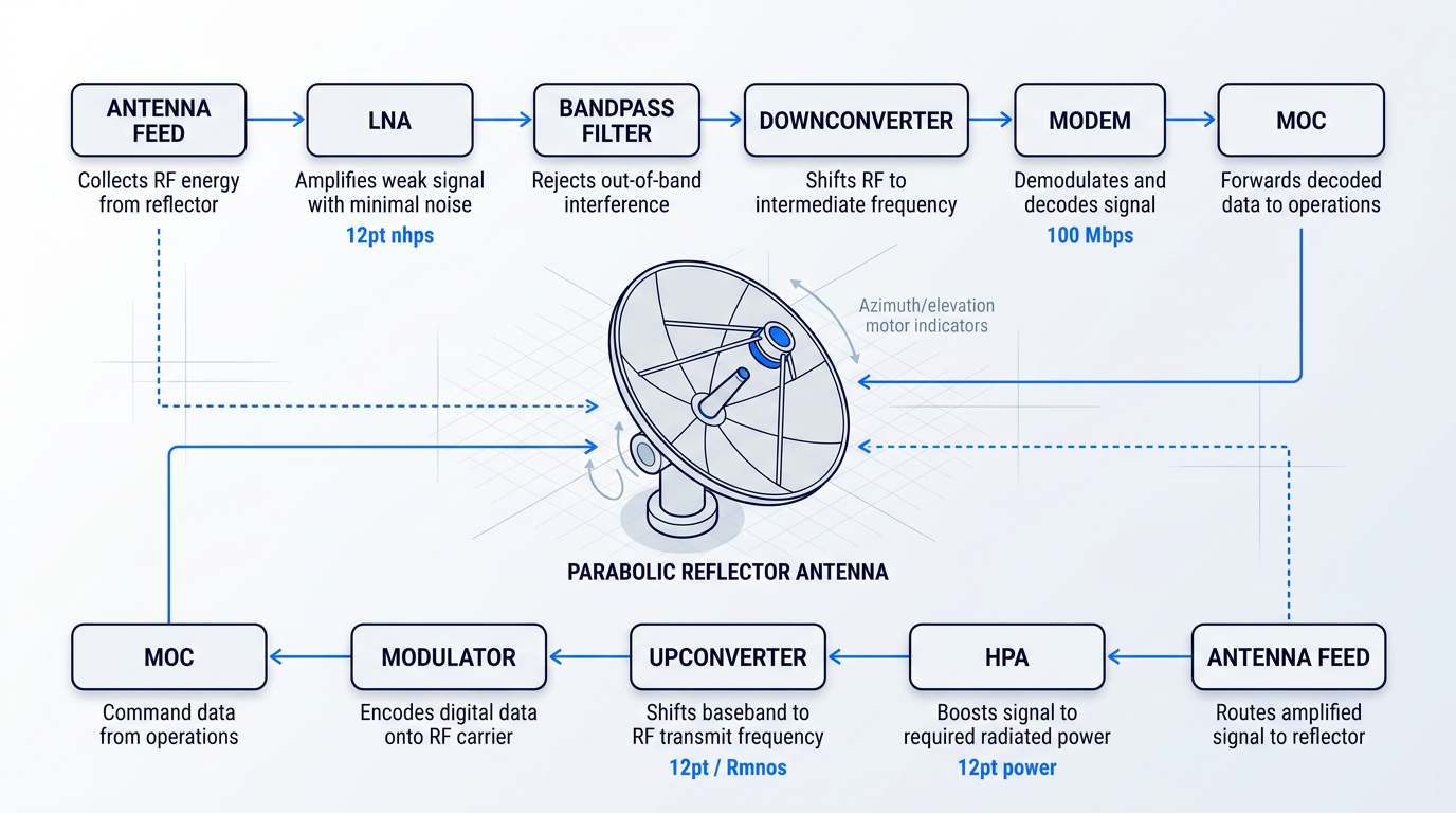 Flow diagram of satellite ground station signal chain showing receive path (antenna feed through LNA, bandpass filter, downconverter, modem to MOC) and transmit path (MOC through modulator, upconverter, HPA back to antenna feed), with parabolic reflector antenna at center and tracking system indicators.