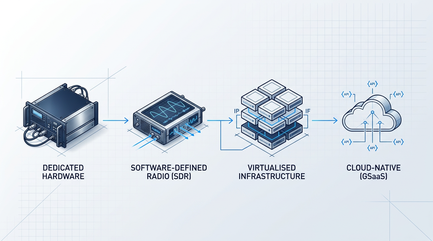 Technical progression diagram showing four satellite ground segment architectures left to right: dedicated hardware rack, software-defined radio with waveform display, virtualized server layers with network connections, and cloud-native infrastructure with API symbols, connected by directional arrows on light technical background.