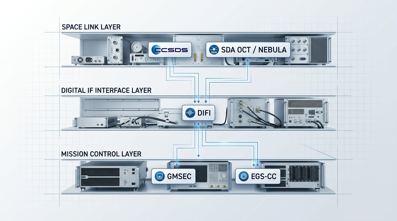 Three-layer satellite ground system architecture stack showing space link layer with CCSDS and SDA OCT/NEBULA protocols, digital IF interface layer with DIFI, and mission control layer with GMSEC and EGS-CC, connected by vertical data-flow arrows.