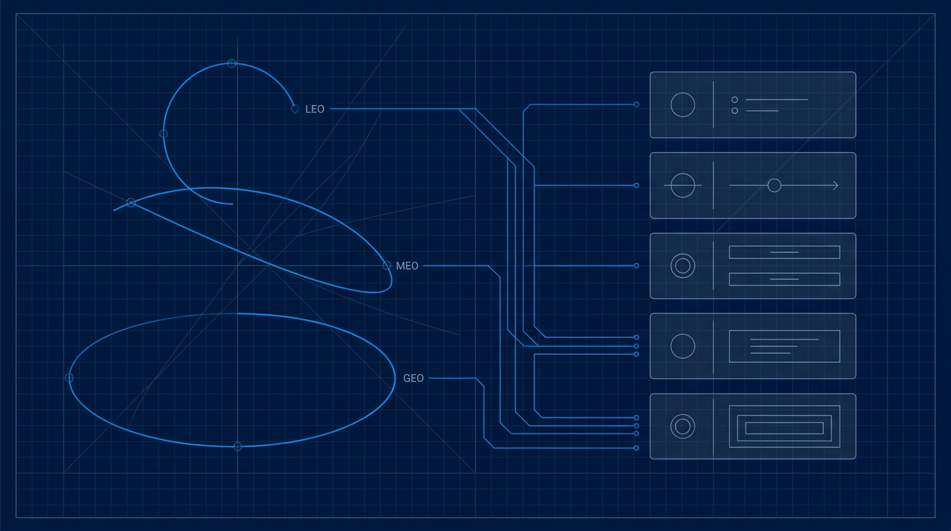 Abstract technical schematic showing three orbital arc paths on the left—LEO, MEO, and GEO—flowing via electric blue connector lines into structured constraint blocks on the right, representing translation of mission parameters into architectural design decisions.