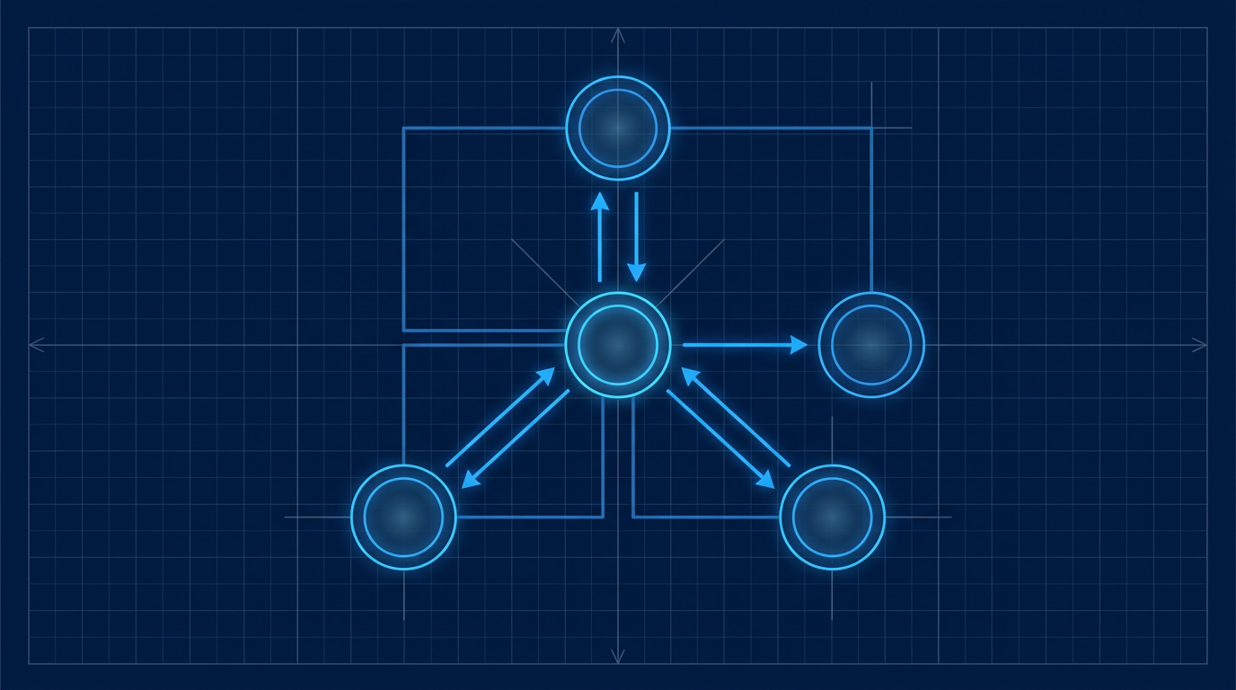 Network topology diagram showing three distributed ground stations connected via backhaul lines to a central Mission Operations Centre, with a secondary Science Operations Centre node receiving processed data. Electric blue glowing nodes and directional arrows indicate telemetry upward and command data flows downward.