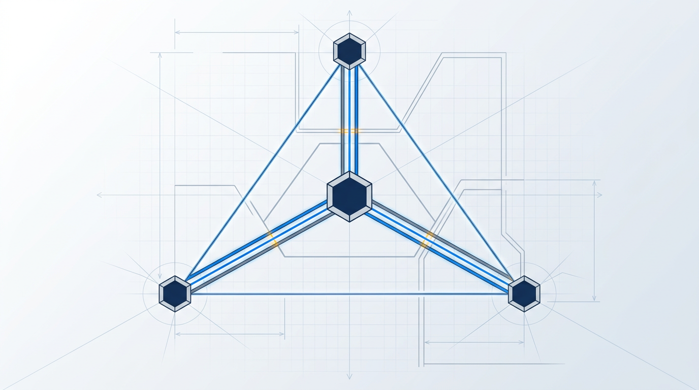 Top-down technical network diagram showing three distributed ground stations connected via secure blue pathways to a central Mission Operations Centre hub, with network segments separated by boundary lines.