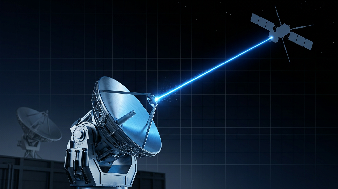 Optical ground station telescope with coherent laser beam rising toward satellite in orbit, RF dish antenna visible in background, representing hybrid RF/optical communication architecture.