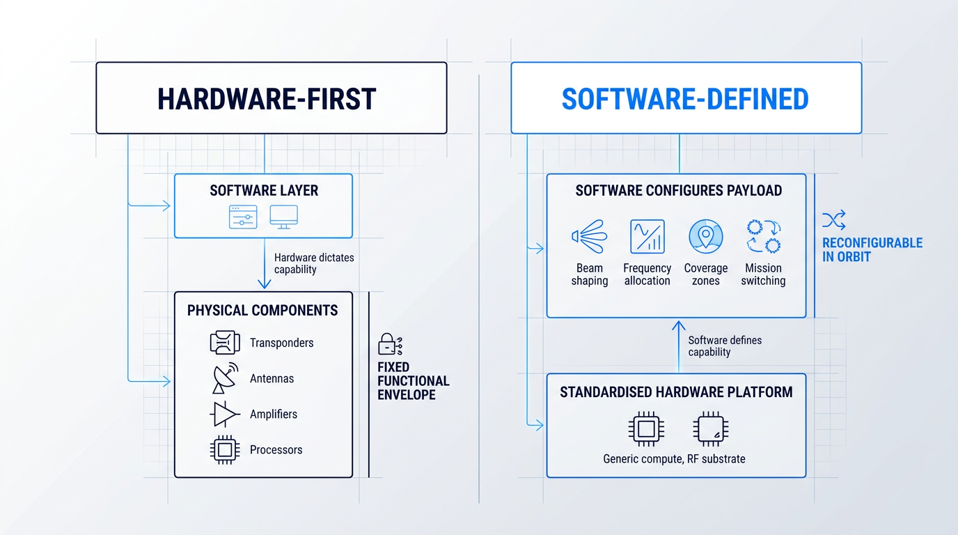 Side-by-side architecture comparison: left column shows hardware-first satellite with physical components (transponders, antennas, amplifiers) as foundation with thin software control layer on top, labeled 'fixed functional envelope'; right column shows software-defined satellite with standardized hardware platform as base supporting configurable software payload layer above, labeled 'reconfigurable in orbit', with arrows indicating direction of architectural control.