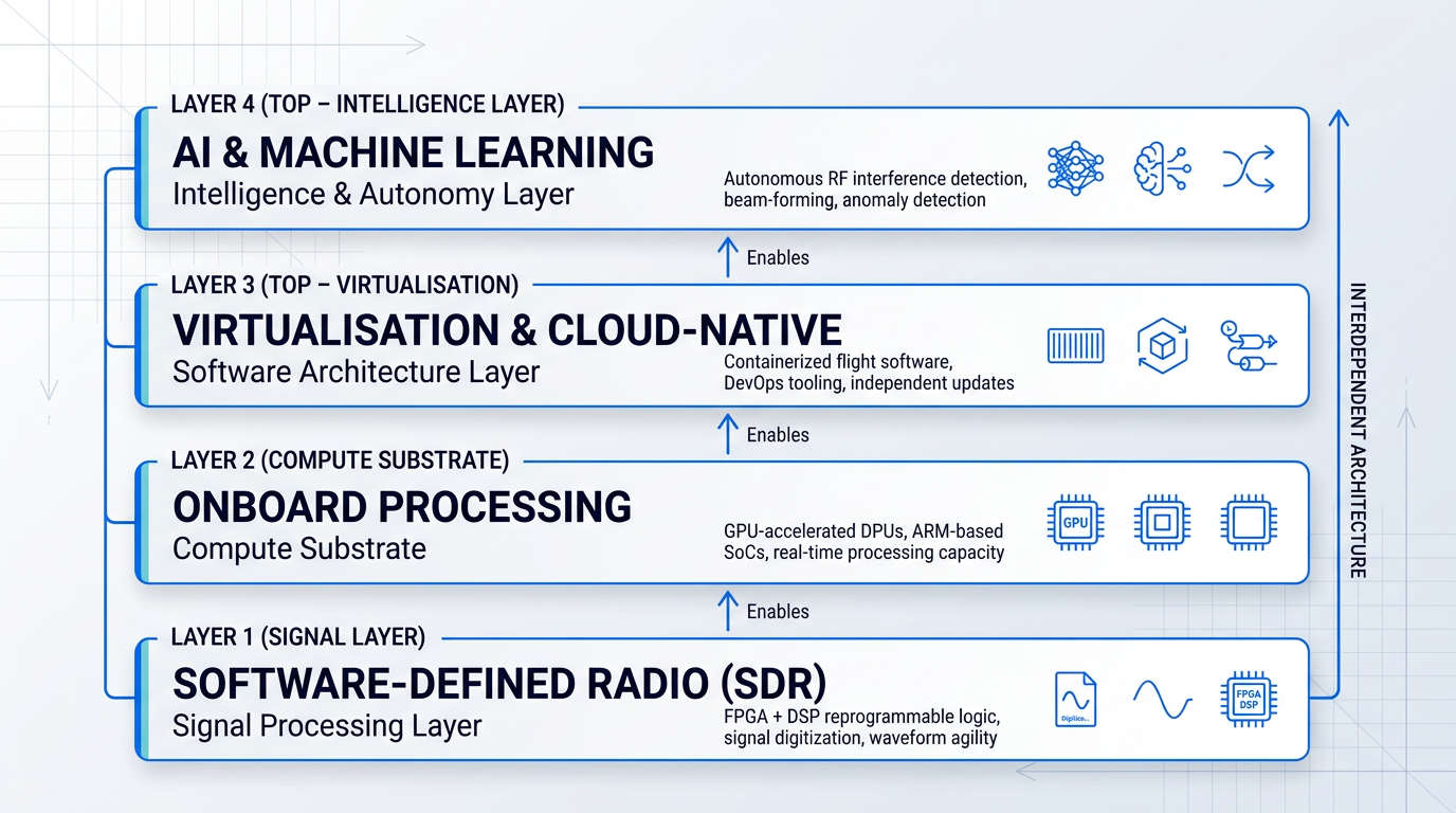 Four-layer vertical architecture diagram showing software-defined satellite technology stack: SDR signal processing at base, onboard processing compute substrate above it, virtualisation cloud-native layer next, and AI/ML intelligence layer at top, with upward-pointing connector arrows labeled 'Enables' showing interdependency between layers.