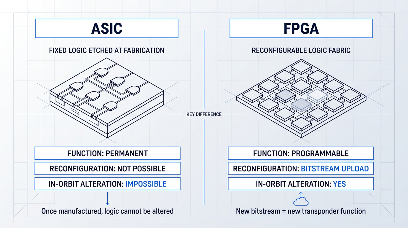 Side-by-side architecture comparison: ASIC with fixed logic etched at fabrication (permanent, non-reconfigurable) versus FPGA with configurable logic fabric (programmable via bitstream upload for in-orbit alteration).