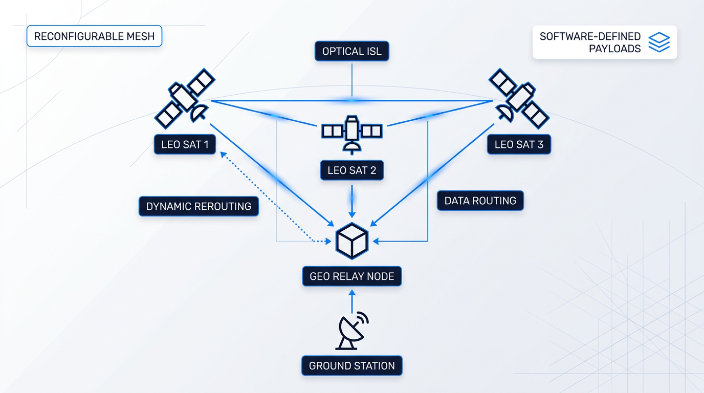 Architecture diagram of reconfigurable orbital mesh network showing three LEO satellites connected via optical inter-satellite links, relaying data through a GEO node to ground station, with software-defined payload capabilities enabling dynamic rerouting.