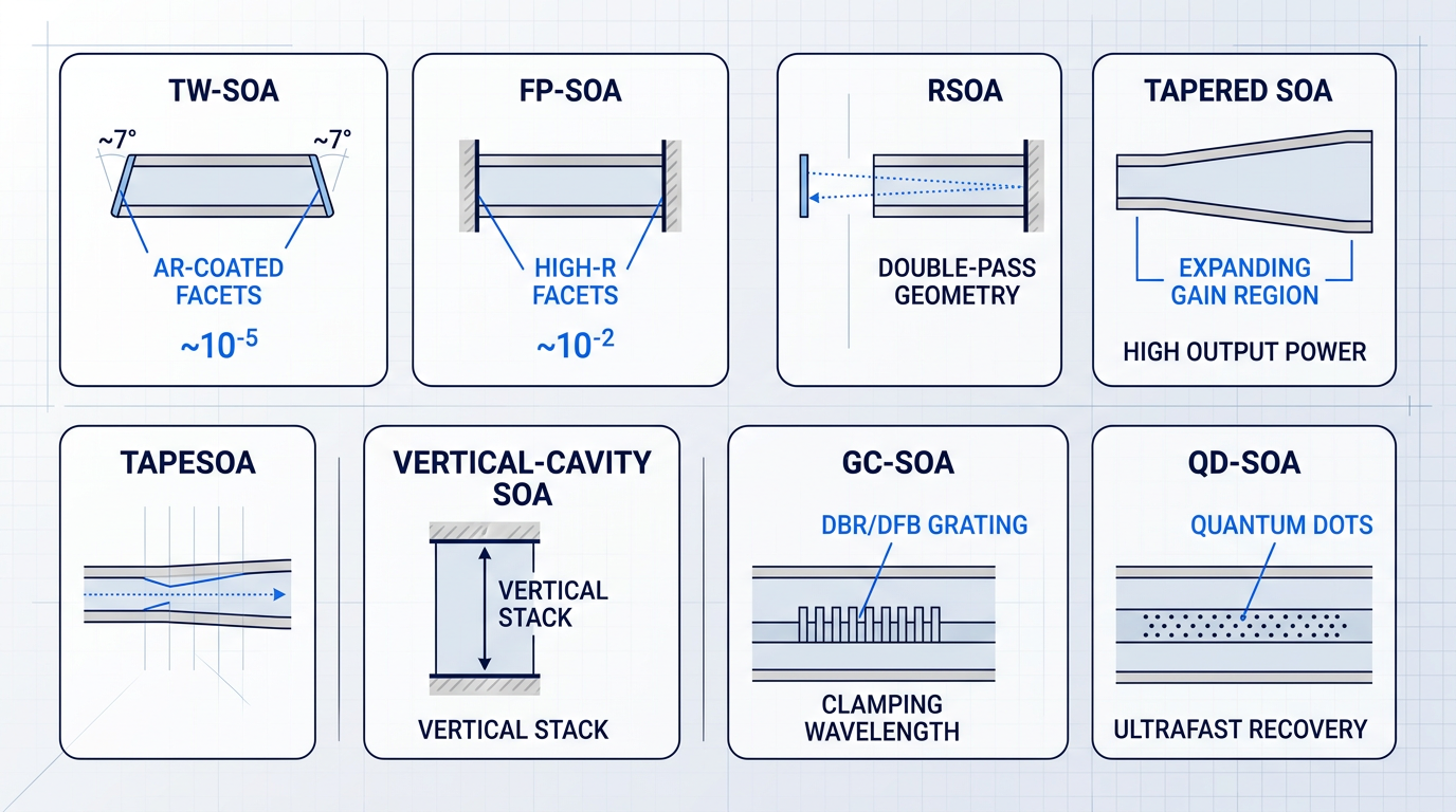 Seven semiconductor optical amplifier device types arranged in schematic cross-sections: TW-SOA with angled AR-coated facets, FP-SOA with high-reflectivity mirrors, RSOA with double-pass geometry and single port, tapered SOA with expanding waveguide, vertical-cavity SOA with vertical stack architecture, GC-SOA with internal DBR/DFB grating, and QD-SOA with quantum-dot active region.
