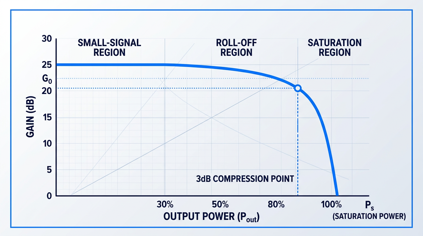 Gain saturation curve showing semiconductor optical amplifier response: flat small-signal region at 25 dB, gradual exponential roll-off as output power increases, steep compression at saturation, with 3 dB compression point marked.