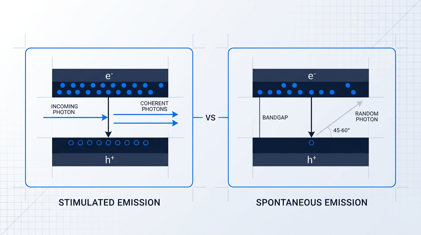 Band diagram showing stimulated emission with coherent photon pair versus spontaneous emission with randomly directed photon, illustrating the physics of semiconductor optical amplifier gain.