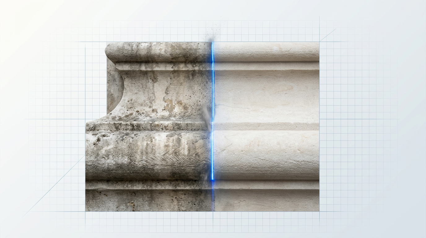 Stone architectural detail with sharp contrast between soiled left surface and pristine cleaned right surface, divided by a precise laser line with subtle particle ablation visible at the boundary.