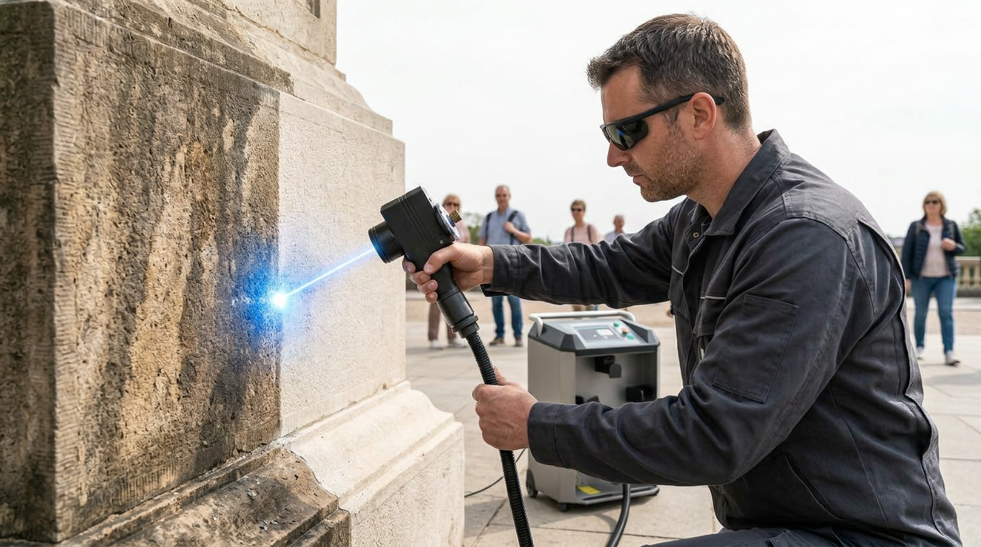 Laser cleaning operator in dark workwear directing portable ELASER scanner at stone monument in daylight, with cleaned section contrasting sharply against weathered uncleaned stone, bystanders visible in background, no barriers present.