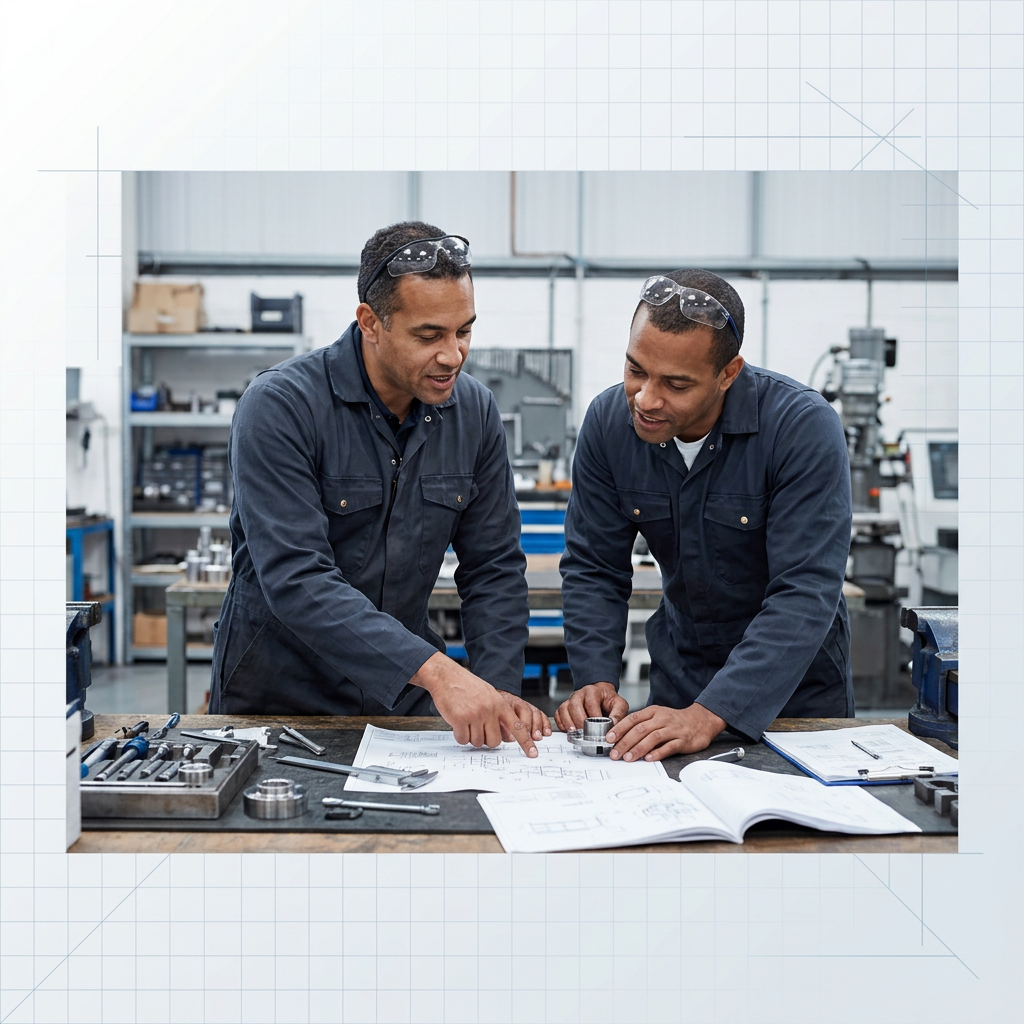 Two engineers in dark coveralls examine a technical drawing and component at an industrial workbench, engaged in collaborative discussion in a bright UK workshop setting.