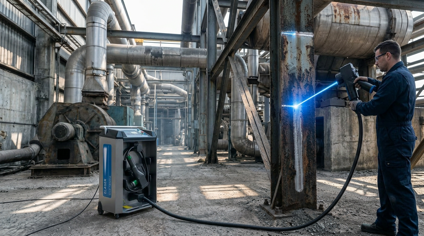 ELASER portable laser cleaning machine with extended fiber cable in use on large industrial steel pipework, operator directing scanner head at weathered metal surface with electric blue laser contact point visible.