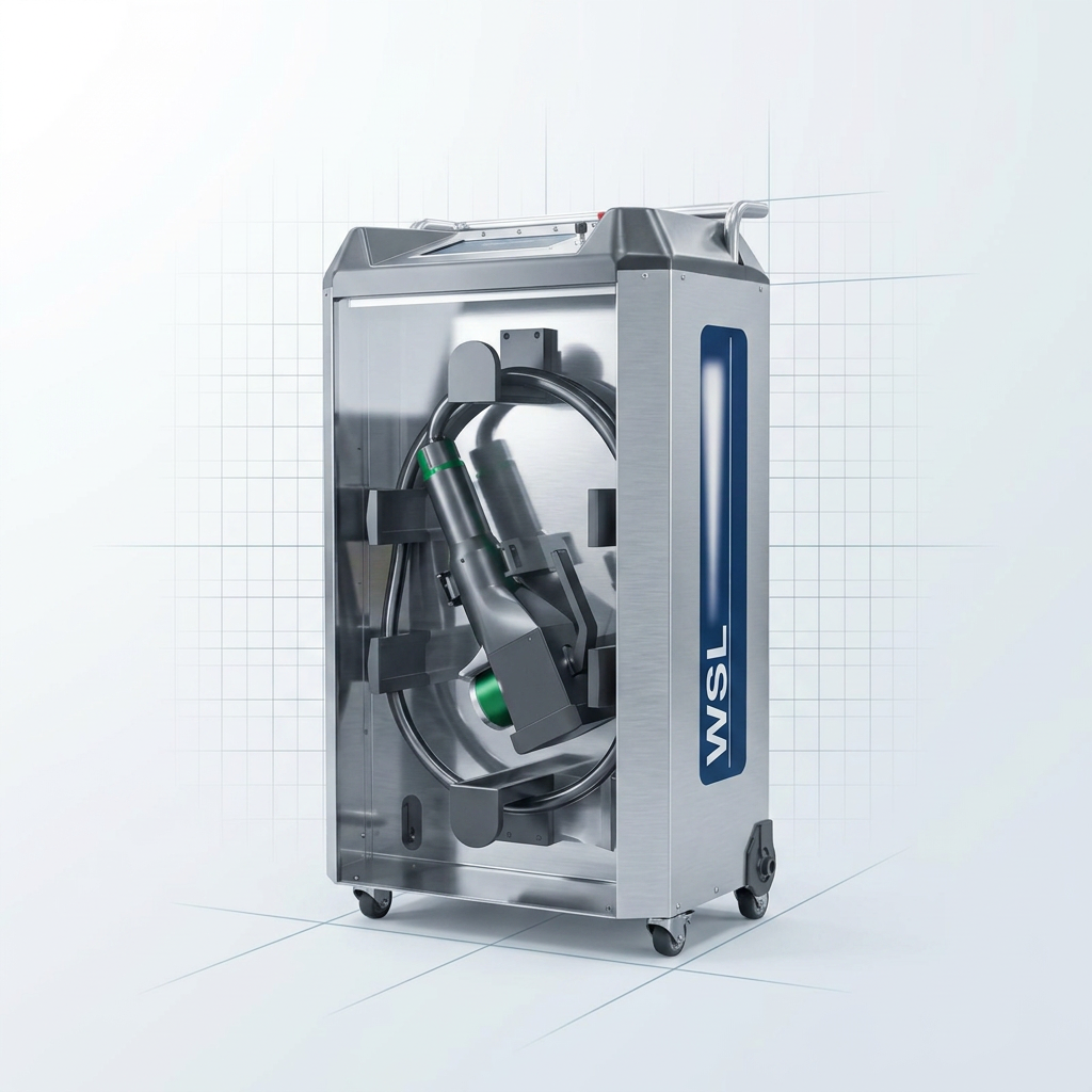 ELASER wheeled laser cleaning machine positioned at three-quarter angle on light gradient background, showing dark metal frame, control panels, and WSL branding.