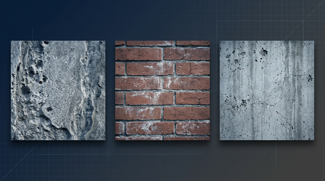 Three weathered surfaces—stone, brick, and concrete—displayed side by side with visible texture, erosion patterns, and material degradation under directional lighting.