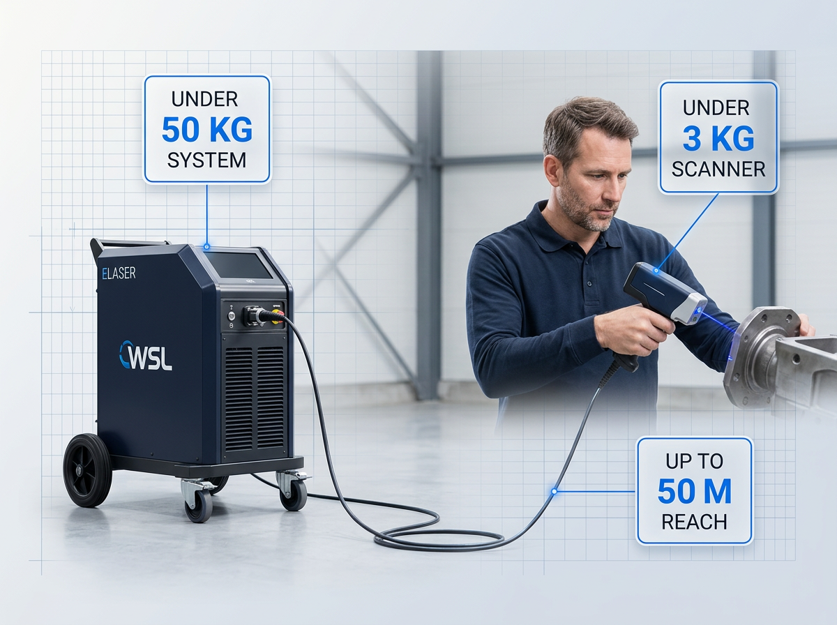 ELASER wheeled laser cleaning unit on left with handheld scanner held by operator on right, extended fibre cable between them, electric blue laser point visible on metal surface, three stat badges overlay showing system weight, scanner weight, and cable reach specifications.