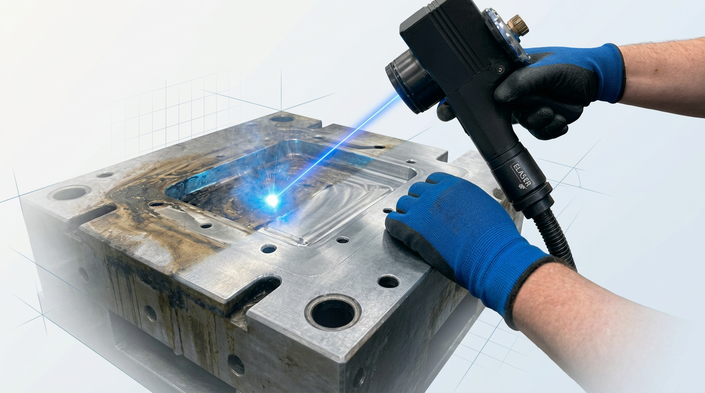 Technician's hand holding ELASER scanner head directed at injection mould cavity, bright electric blue laser beam striking the surface with visible ablation and material contrast between cleaned and degraded areas.