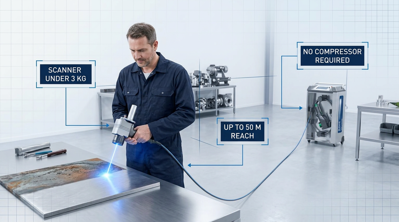 Engineer in dark coveralls holding compact handheld laser scanner directed at metal surface, wheeled laser unit visible in background, fibre cable extending across workshop floor, electric blue laser glow at contact point showing surface cleaning.