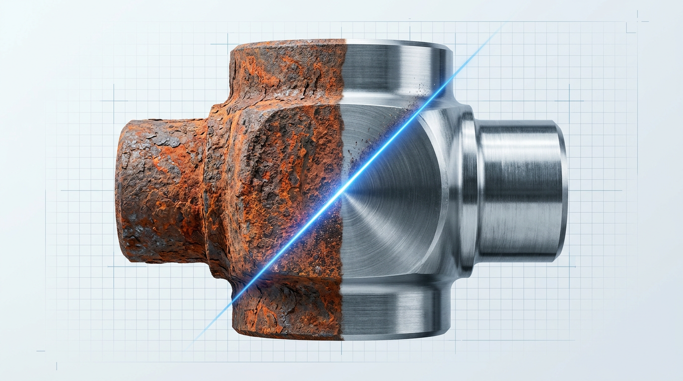 Steel component with rust and mill scale on left side cleanly separated from polished bare metal on right by electric blue laser line, demonstrating laser cleaning capability.