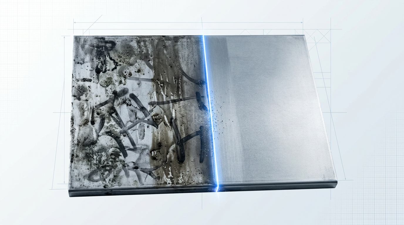 Metal surface split vertically: left side shows heavy grease, carbon soot, mould, and graffiti contamination; right side reveals clean bare substrate with electric blue laser line at the dividing boundary.