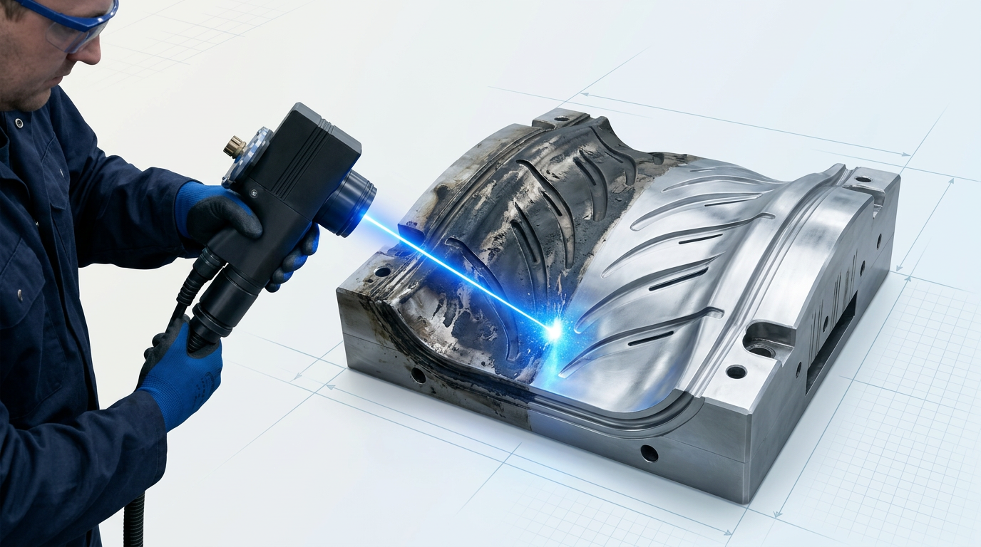 Technician using handheld laser scanner to clean vulcanisation residue from tyre mould surface, with electric blue laser beam revealing bare metal where residue is removed.