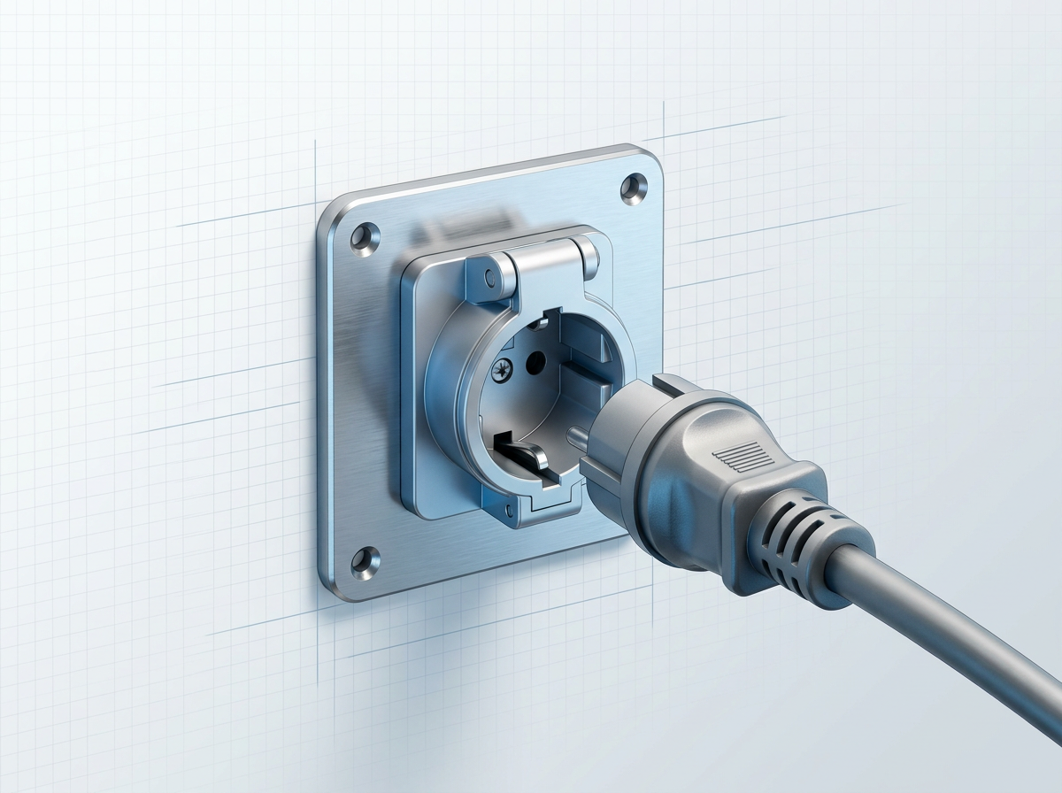 Industrial single-phase AC power socket mounted on brushed steel panel with grounded power cable approaching connection point, demonstrating plug-and-go 110–250 VAC compatibility.