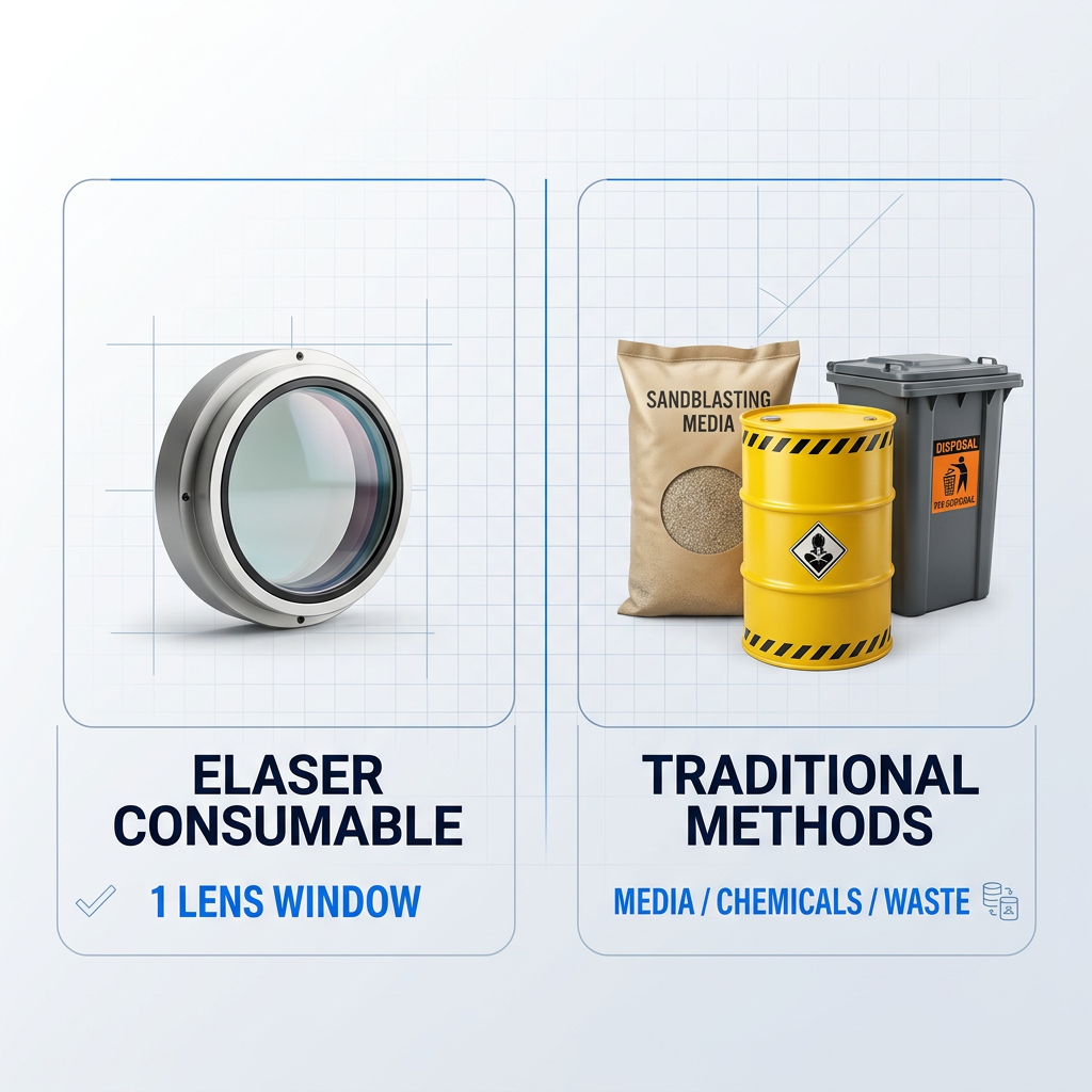 Split comparison showing a single lens protection window component on the left versus stacked traditional cleaning consumables (abrasive media bag, chemical drum, waste container) on the right, demonstrating minimal versus high consumable footprint.
