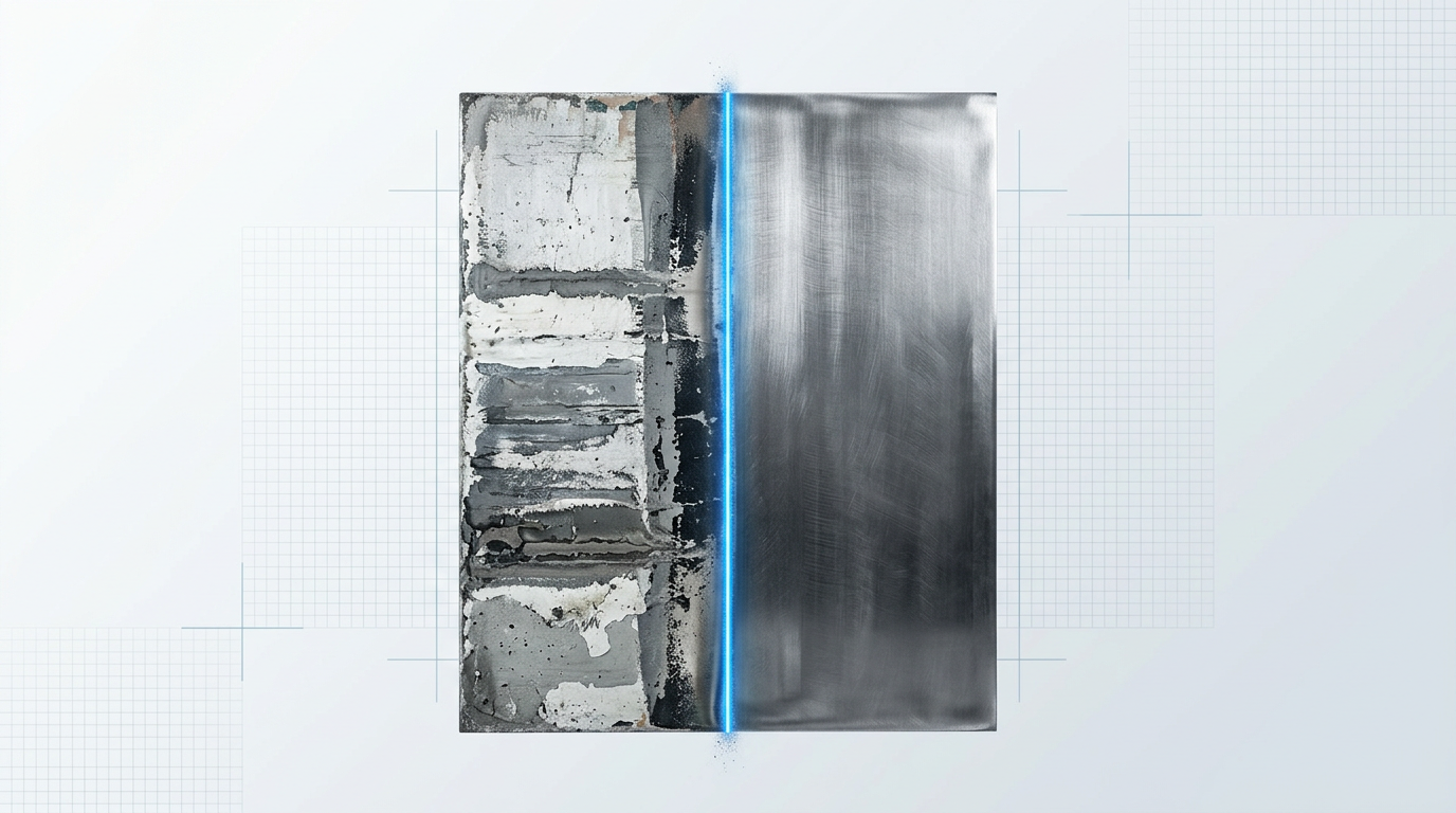 Steel panel divided vertically: left half layered with paint, powder coating, and primer; right half stripped clean to bare metal by laser, with electric blue glow at the dividing line.