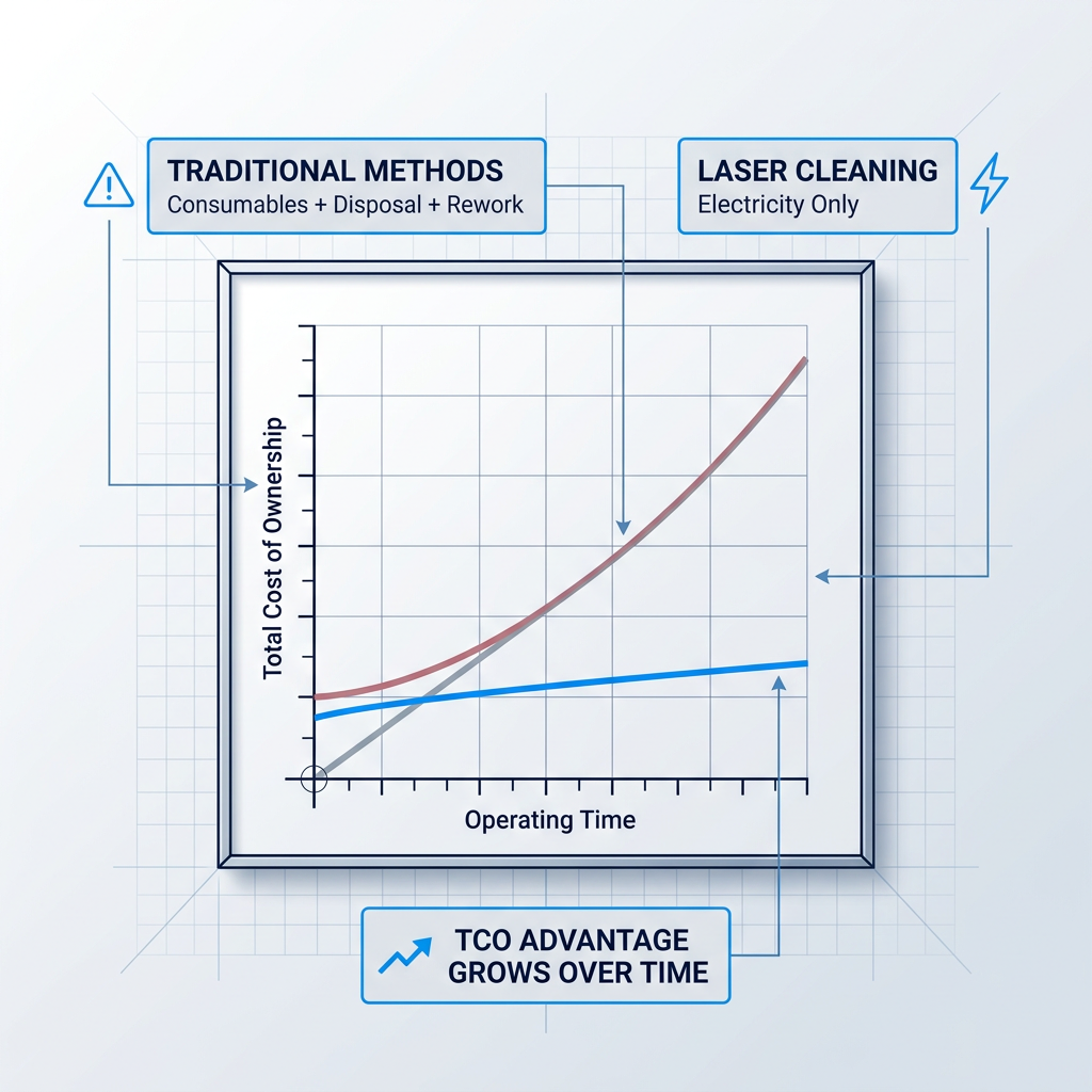 Cost-over-time comparison chart showing two curves: traditional methods line rising steeply in red-grey, laser cleaning line flat in electric blue, with widening gap demonstrating TCO advantage over operating time.
