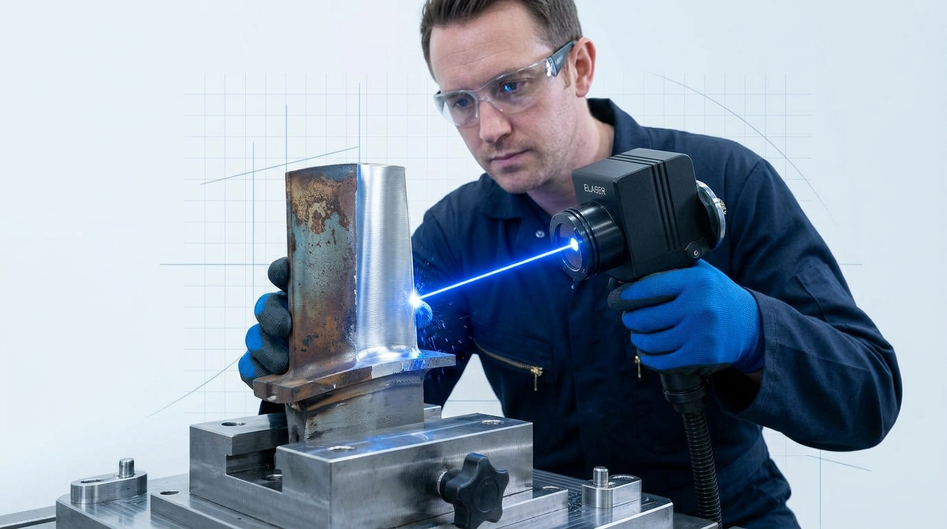 Technician in navy coveralls using ELASER scanner head on aerospace turbine blade, electric blue laser beam visible at contact point where oxidized surface meets bare metal.