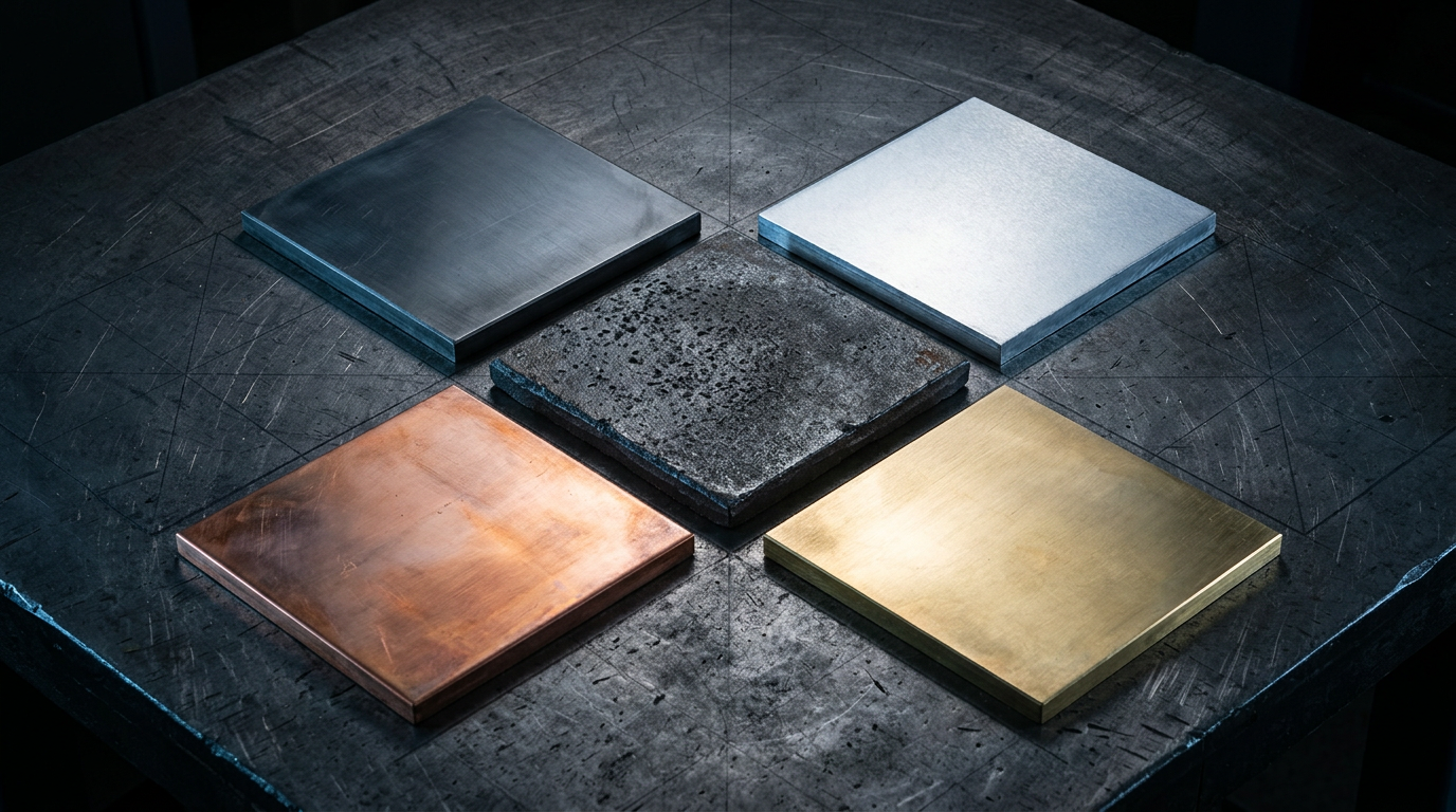 Five metal samples arranged on dark workbench: steel plate, aluminium sheet, cast iron, copper, and brass, each revealing distinct texture and material properties under directional lighting.
