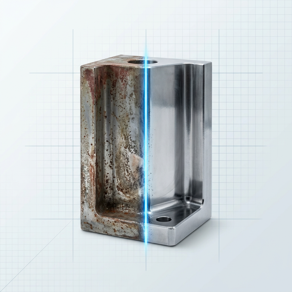 Precision metal structural component split vertically: left half showing heavy rust and oxidation, right half pristine bare steel with mirror-like reflectivity, divided by glowing electric blue laser line at the center.