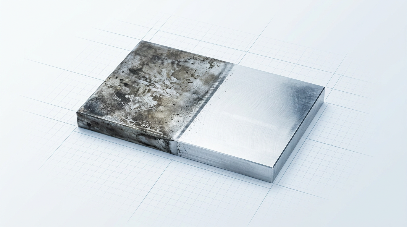 Machined aluminium component split vertically: left half oxidised and contaminated with dark discolouration, right half laser-cleaned revealing bright reflective bare metal with sharp division line.
