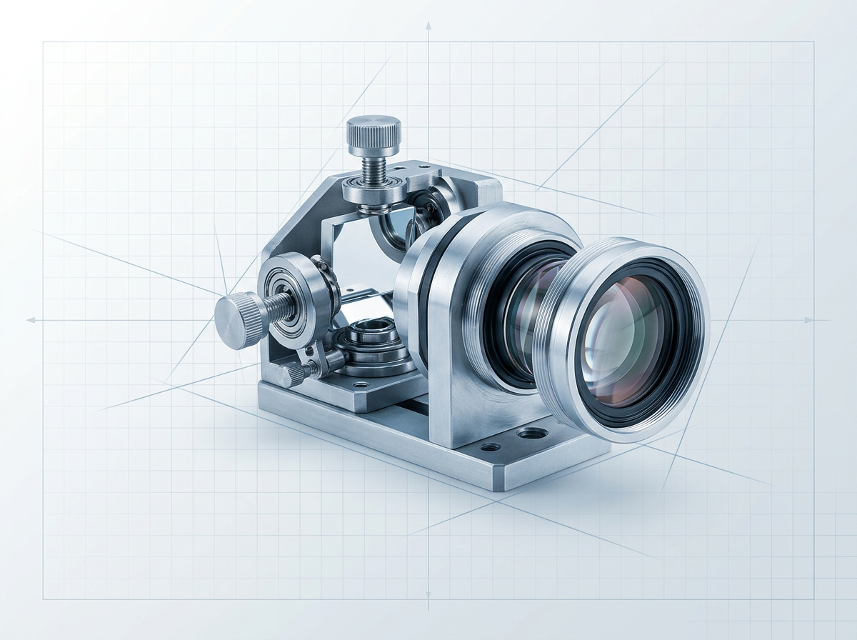 Close-up of galvanometer scanner head and F-Theta lens assembly with precision-machined aluminum housing, orthogonal mirrors, and multi-element optical glass mounted on precision optical bench.