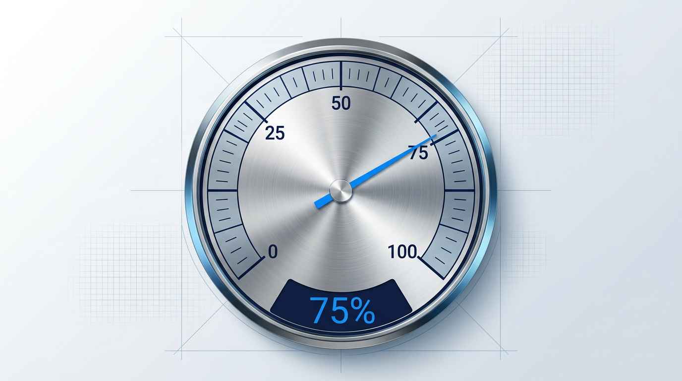 Precision power dial control interface with stainless steel face, 0-100% scale markings in navy, electric blue indicator needle positioned at 75%, and digital readout displaying the percentage.
