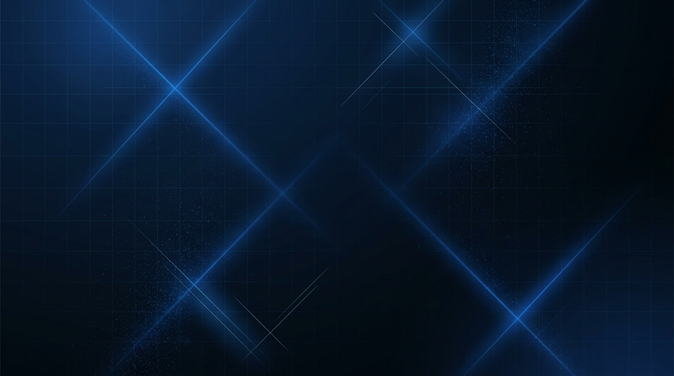 Dark navy-to-black gradient background with electric blue laser light scatter and diffusion effects, faint geometric grid pattern, and thin construction lines suggesting precision optics and industrial technology.