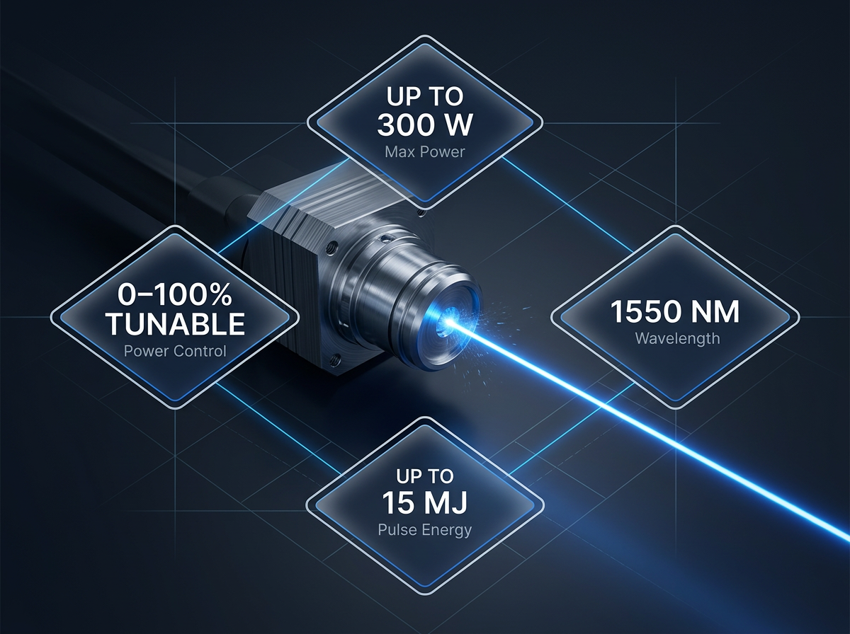 Fibre laser output head with electric blue beam against dark technical background, surrounded by four stat badges showing power, wavelength, pulse energy, and tunable range specifications.