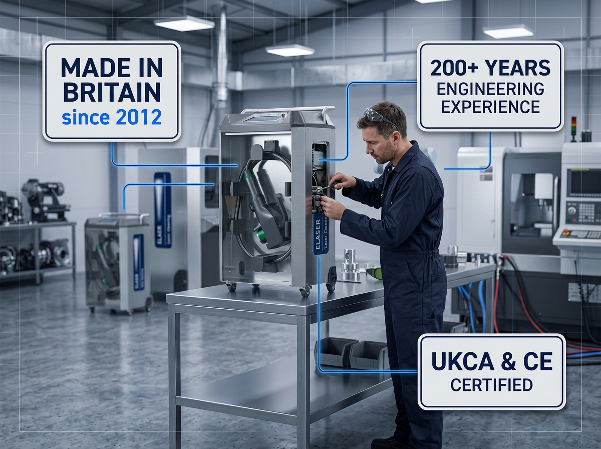 Technician in navy coveralls assembling ELASER laser cleaning unit at workbench in bright engineering workshop, with three credential badges: Made in Britain since 2012, 200+ years engineering experience, UKCA & CE certified.