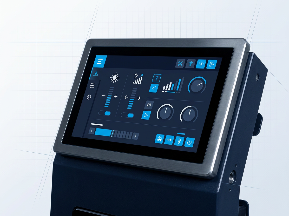 ELASER touchscreen control interface mounted on machine front panel, displaying professional GUI with electric blue buttons and status indicators on dark navy background, surrounded by brushed metal bezel and precision-engineered machine body.